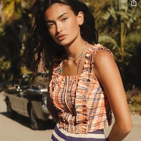 Anthro Verb Summer Vacation Ruffled Plaid Tank Orange Motif Blouse Extra Small - Picture 1 of 11